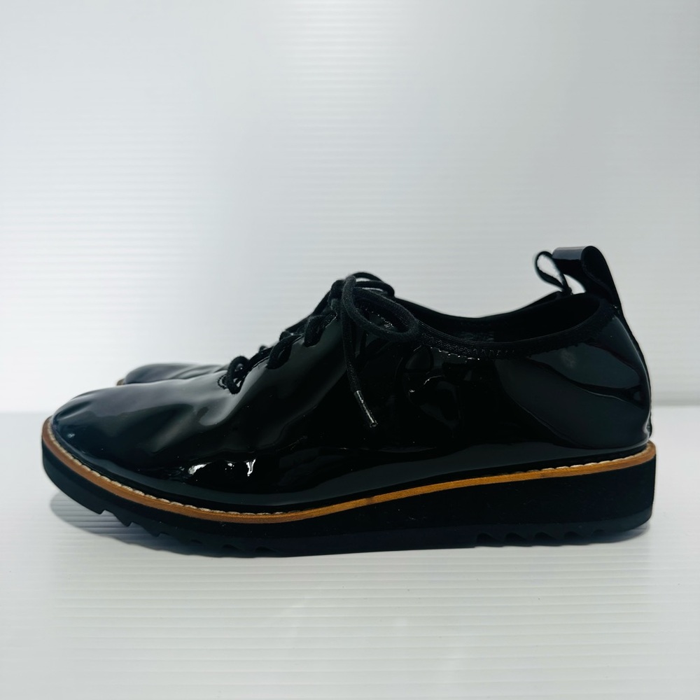 Eileen Fisher Eddie Black Patent Leather Modern Platform Oxfords Size 7 - Picture 4 of 14